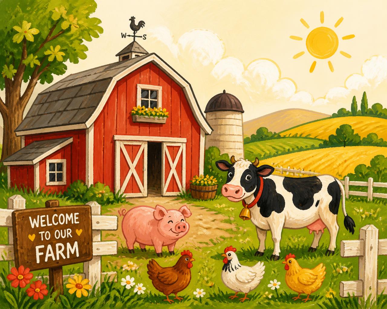 Illustrated farmstead with a red barn, a cow, a pig and hens in a sunny pasture
